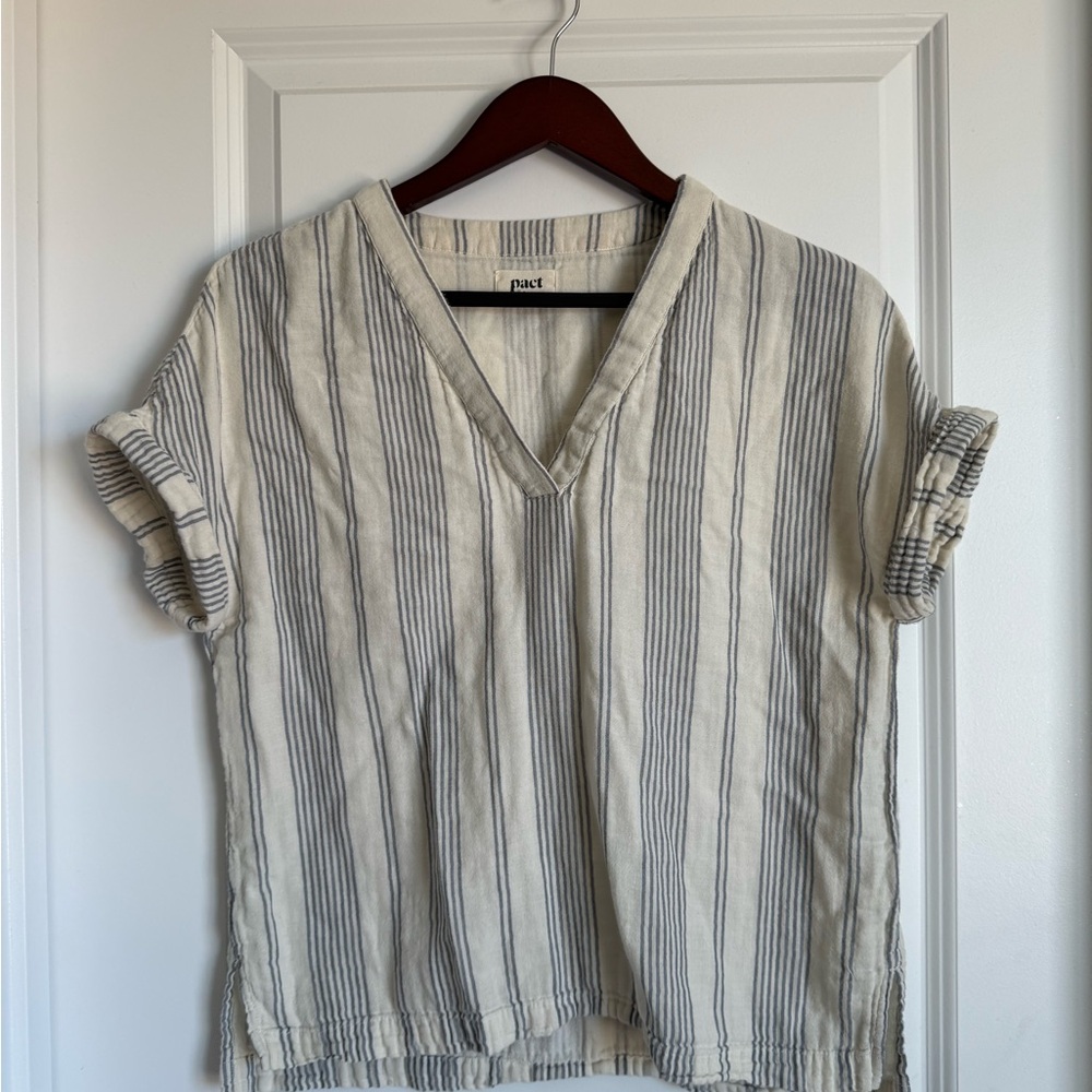 Pact Cream and Blue Striped V-Neck Top